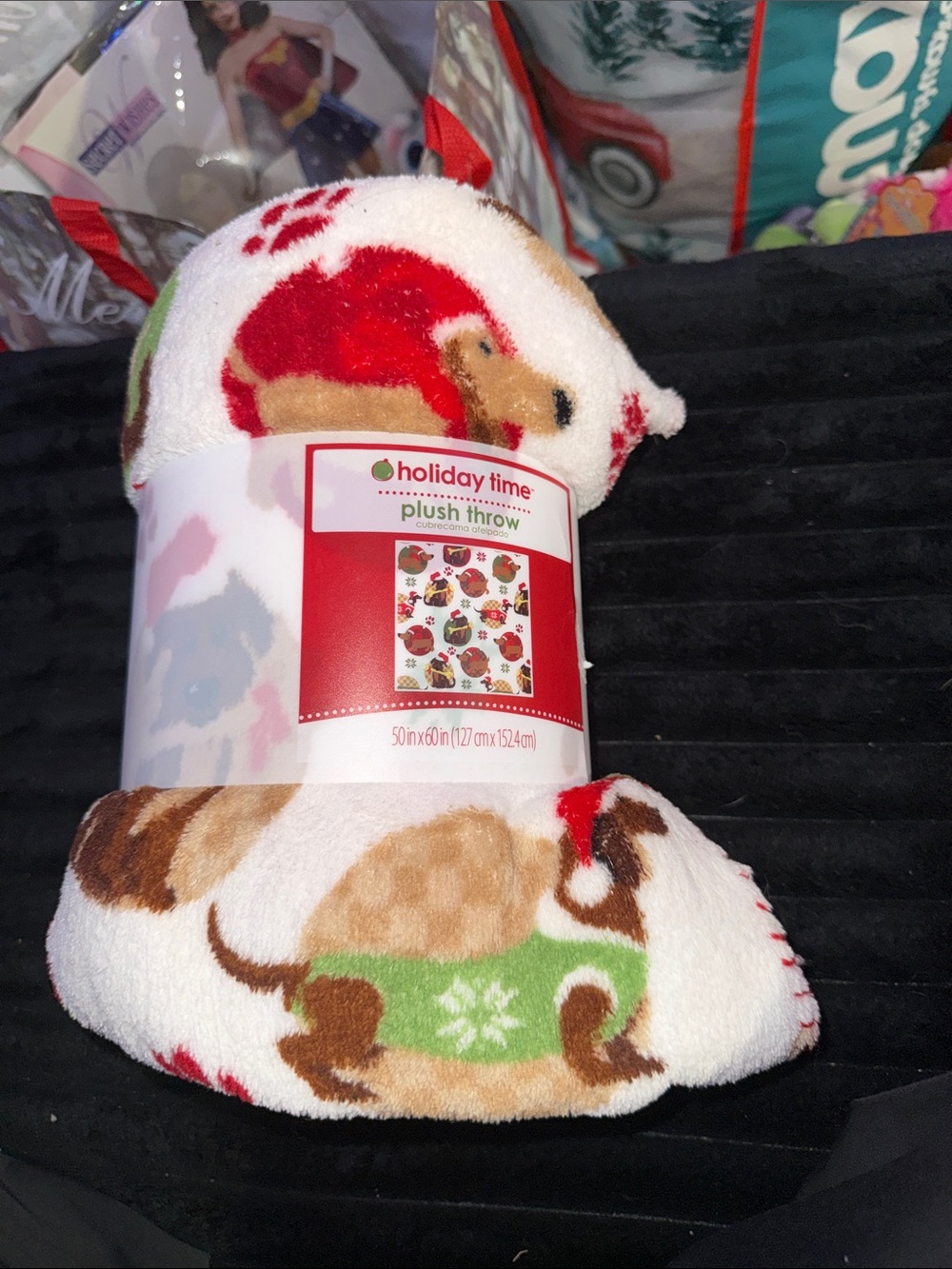 Holiday Time White Plush Throw with Red, Green & Brown Dachshund Motif